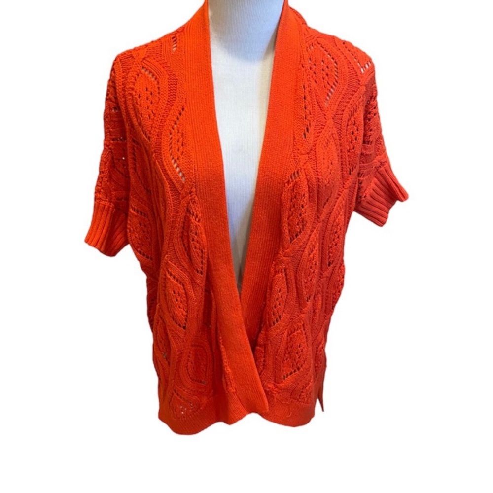 Ann Taylor Open Knit Orange Cardigan Oversized Short Sleeve Sweater XS Crochet
